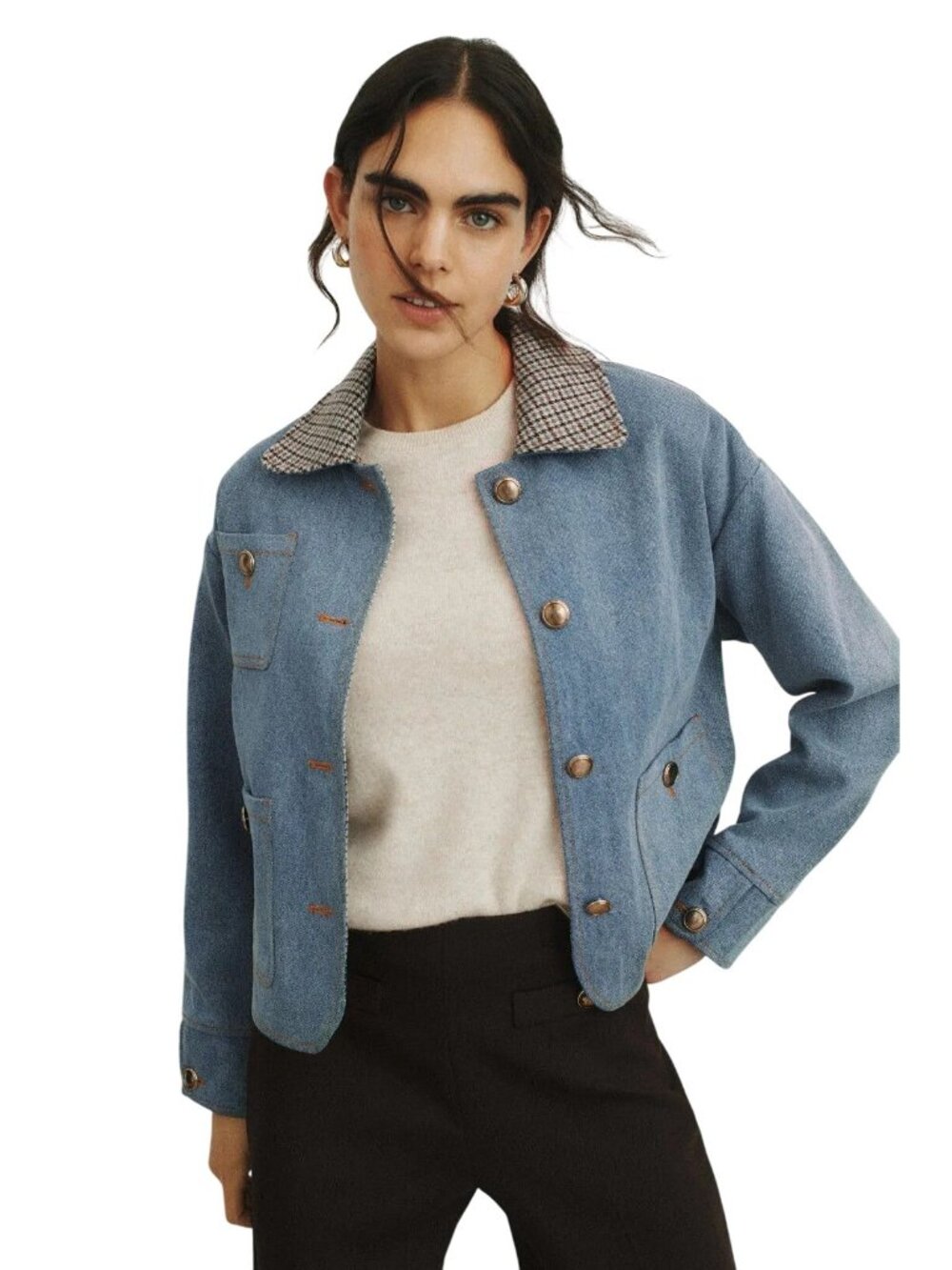 Sandro Light Blue Denim Jacket With Contrast Collar Womens Jean Coat - Picture 5 of 16